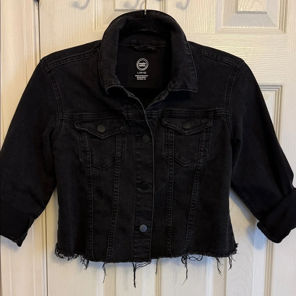 wonder nation Black Cropped Denim Jacket with Raw Fringe Hem